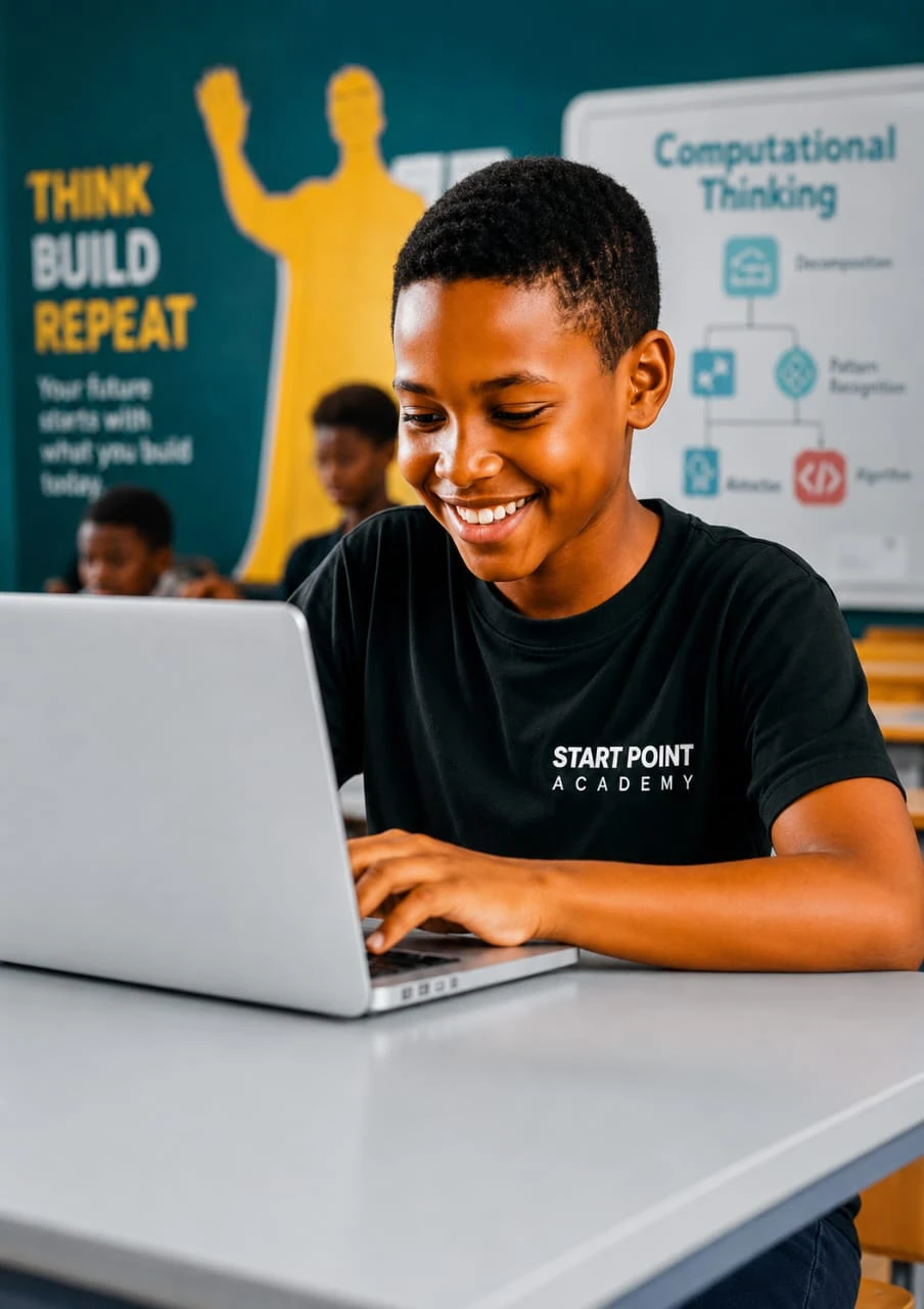 Mwanafunzi akitabasamu akitumia laptop darasani