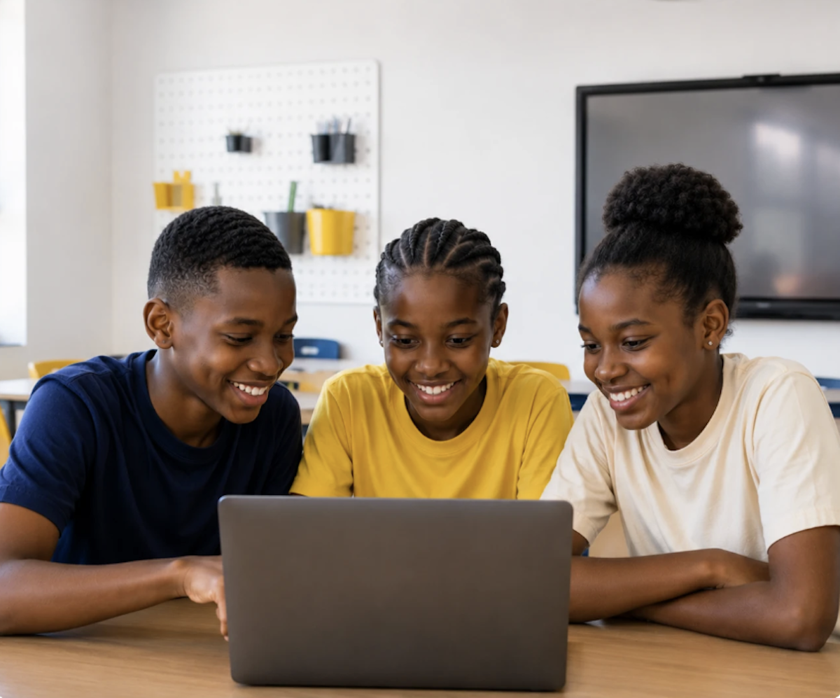 Wanafunzi watatu wakishirikiana kwenye laptop